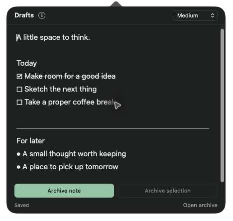 The Drafts menu bar popover, showing demo notes, a checked task with strikethrough, unchecked tasks, a separator, bullets, and archive controls.